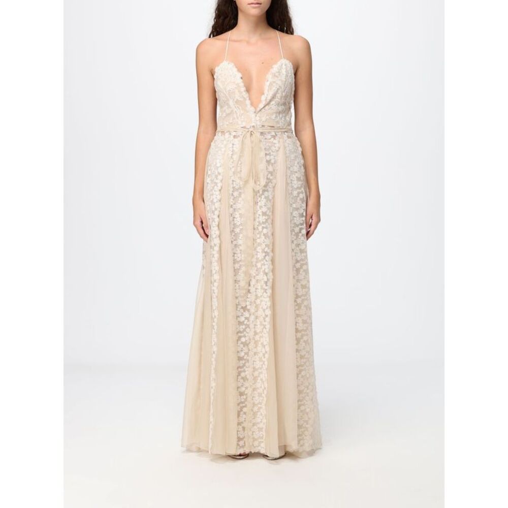 Fendi Women Fendi Silk Georgette Long Evening Gown With V-Neck And Lace Inserts